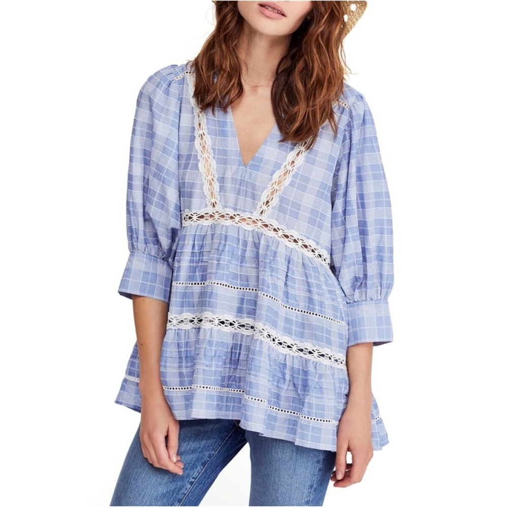 Free People Time Out Lace Tunic Top in Blue & White Plaid size Large